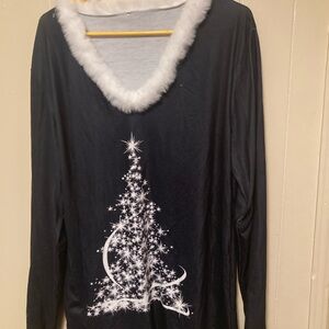 Black Long Sleeve Top with White Fur Trim